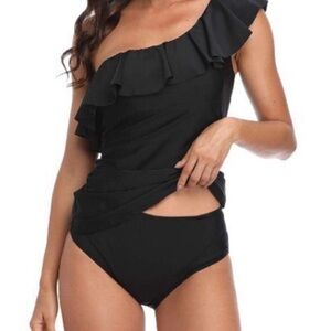 NWT Soma Black One-Shoulder Ruffle Swim Tankini Top size XS